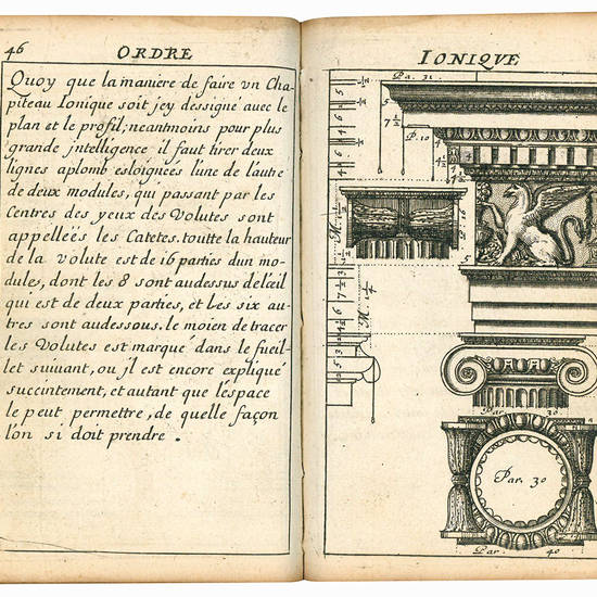 Regles des cinq ordres d'architecture de m. Iacques Barozzio de Vignole. Nouvellement reveues, corrigees, et reduites de grand en petit, par Iean le Pautre e avec plusieurs augmentations de Michel Ange-Bonarroti