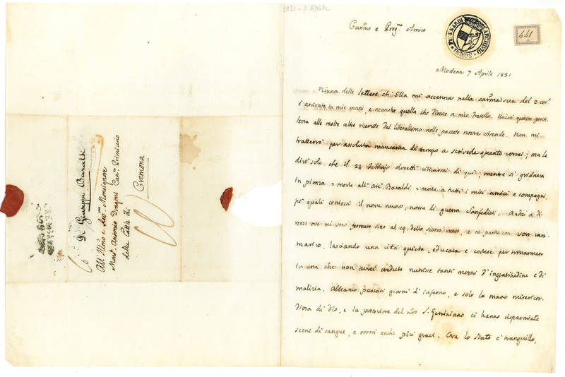 Lettera autografa firmata indirizzata all’abate Antonio Dragoni. Modena, 7 aprile 1831