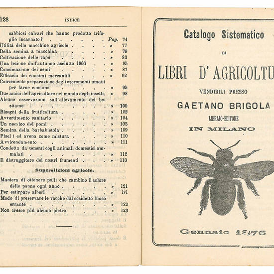 Almanacco agrario. Anno IX. 1876. (Insieme a:) Catalogo Sistematico di Libri d'Agricoltura vendibili presso Gaetano Brigola libraio Editore in Milano. Gennaio 1876.