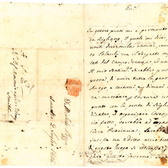 Lettera autografa firmata e indirizzata all’Ammiraglio inglese Sidney Smith a bordo “La Pompea”. Da Amantea, 2 luglio 1806