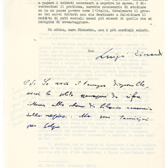 Typed letter signed and addressed to the Treasure Minister Giuseppe Pella. From Rome, 14 April 1951