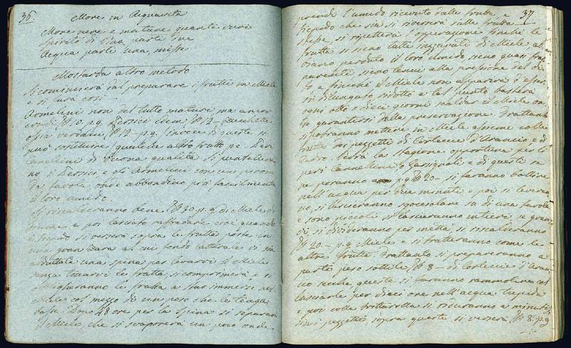 Ricettario-Libro di segreti. Manoscritto su carta azzurra. Italia, 1824 ca.