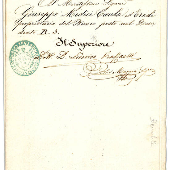 Certificazione di proprietà di un banco presso la Chiesa dei Servi di Modena