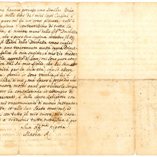 Autograph letter signed and dated, addressed to her aunt Maria Francesca dello Spirito Santo, born Giovanna Eleonora d’Este (1643-1722). Manuscript on paper. Saint-Germain-en-Laye, 15 April 1717.
