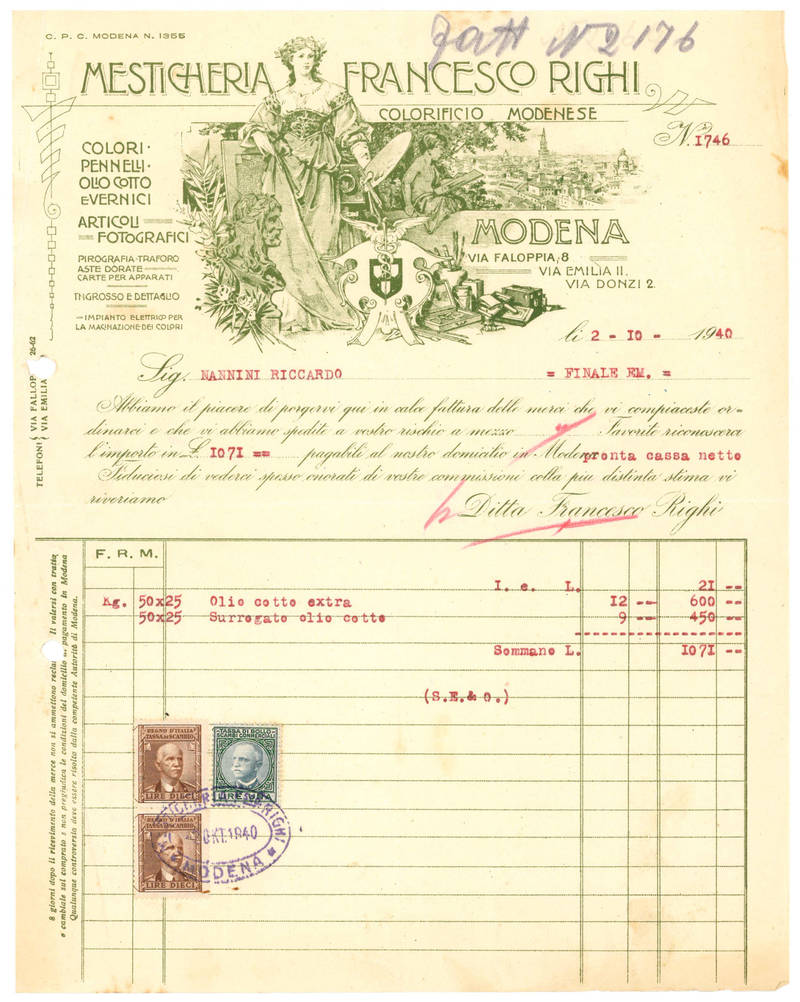 Fattura di vendita di olio cotto extra e surrogato di olio cotto al sig. Riccardi Nannini di Finale Emilia. Modena, 2 ottobre 1940