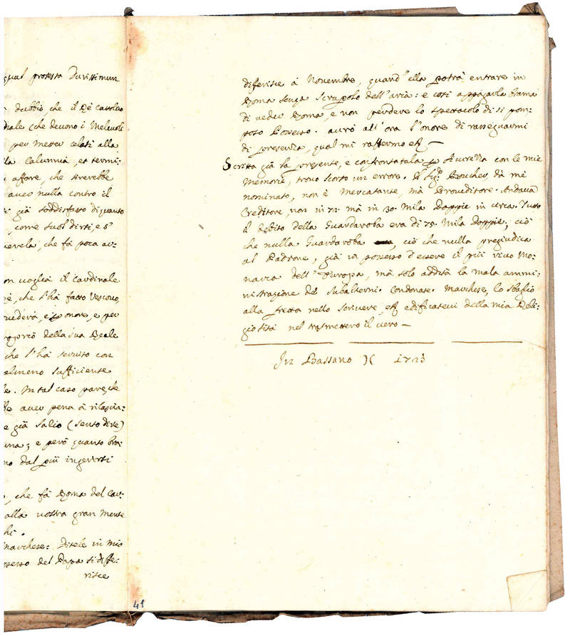 Lettera d?un Prelato al Marchese N.N. in Genova 19 Luglio 1721 (explicit: In Bassano 1721). Manoscritto cartaceo in italiano. Italia, prima metà del XVIII secolo
