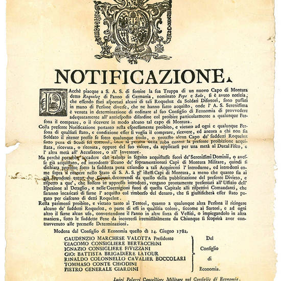 Notificazione del 14 Giugno 1782, con la quale si vietava l'acquisto o il possesso dii alcun capo di