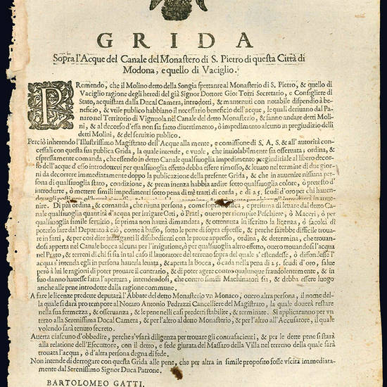 Grida Sopra l’Acque del Canale del Monastero di S. Pietro di questa Città di Modona, e quello di Vaciglio