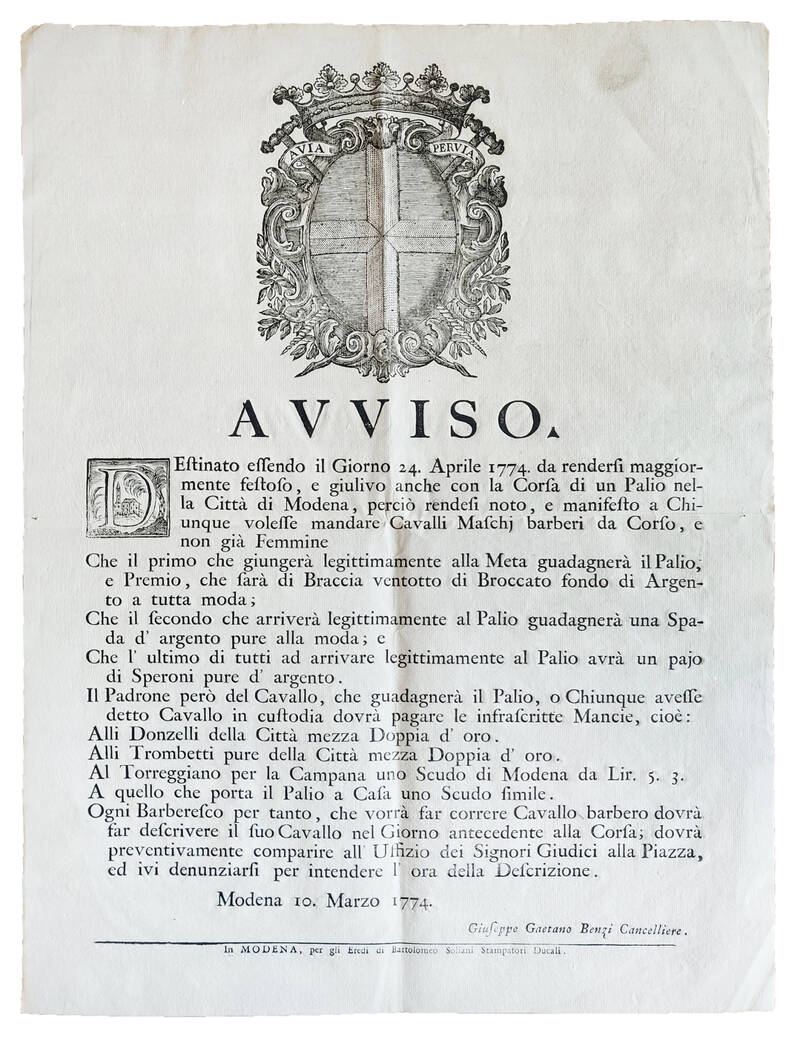 Avviso firmato dal Cancelliere Giuseppe Gaetano Benzi e datato Modena, 10 marzo 1774