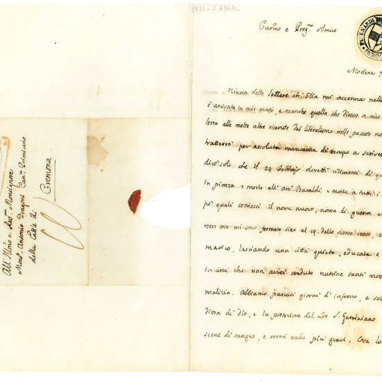 Lettera autografa firmata indirizzata all’abate Antonio Dragoni. Modena, 7 aprile 1831