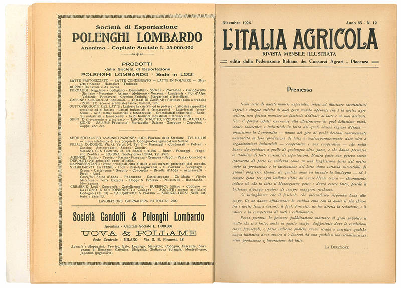 Numero speciale dedicato a "Il Latte e si suoi derivati". Anno 63 - N. 12. Dicembre 1926.