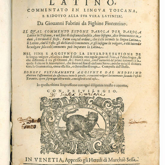 Il Terentio latino, commentato in lingua toscana, e ridotto alla sua vera latinità, da Giovanni Fabrini da Fighine fiorentino. Il qual commento espone parola per parola latina in toscano, e nel fine di ciascuna clausula, dove bisogna, dice brevemente in