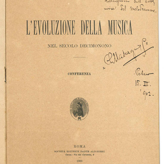 Piccolo archivio composto da due edizioni di dedica e vari documenti autografi per lo più indirizzati all?amico pesarese Bonino Bonini tra il 1900 e il 1902