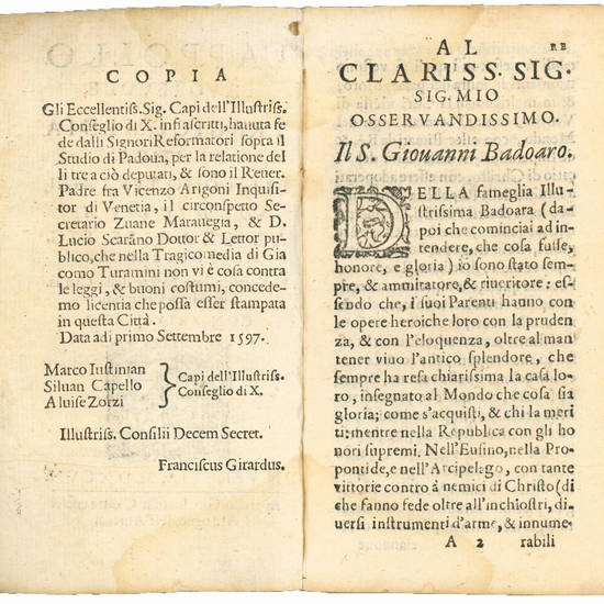 L’Appollo favorevole, tragicomedia politica, di Iacomo Turamini dedicata al Clariss. Sig. Giovanni Badoaro. Nelle felicissime Nozze della Clariss. Sig. Maria Contarini