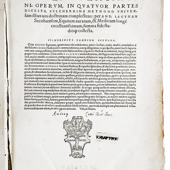 Epitome Galeni Pergameni operum, in quatuor partes digesta, pulcherrima methodo uniuersam illius viri doctrinam complectens: per And. Lacunam Secobiensem [...] summa fide studioque collecta