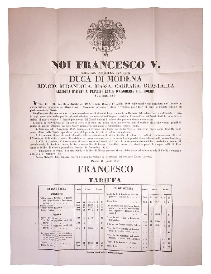 Decreto del 10 Agosto 1858, con il quale si procedeva alla riorganizzazione del sistema monetario.