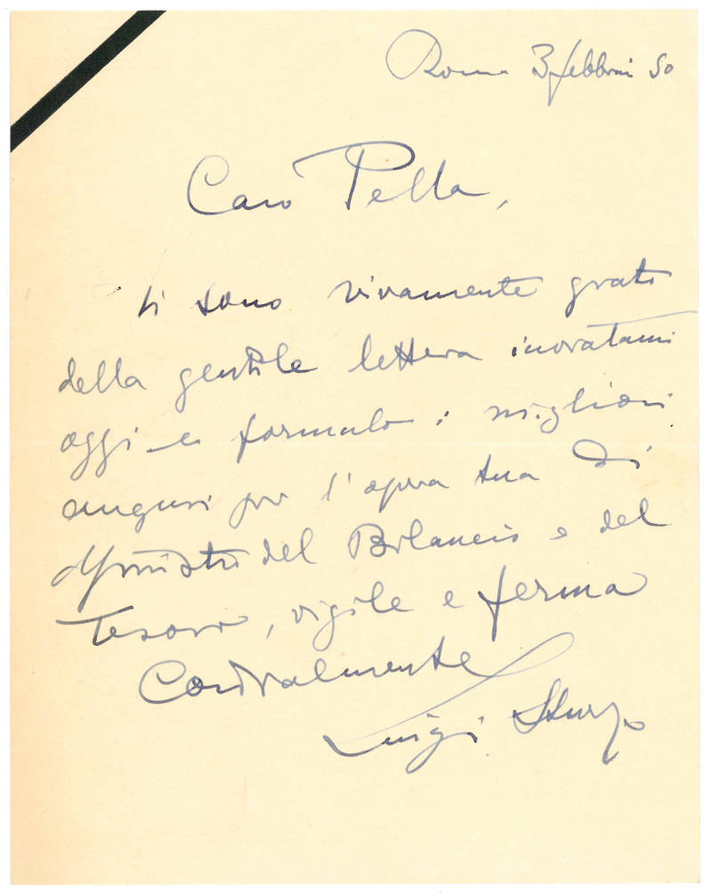 Lettera dattiloscritta su carta intestata, firmata e indirizzata al ministro del tesoro Giuseppe Pella. Roma, 9 agosto 1950