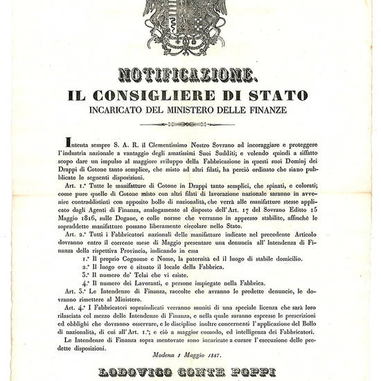 Notificazione del 1 Maggio 1847, con la quale si intendeva dare impulso alla fabbricazione dei drapp