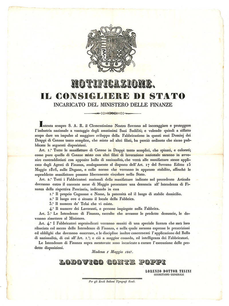 Notificazione del 1 Maggio 1847, con la quale si intendeva dare impulso alla fabbricazione dei drapp