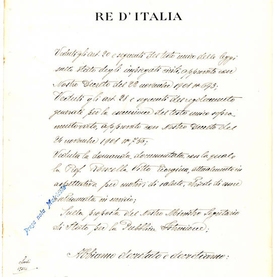 Certificato vergato a mano e firmato con cui si autorizza il rientro in servizio di una professoressa di lingua francese. Roma, 20 luglio 1919