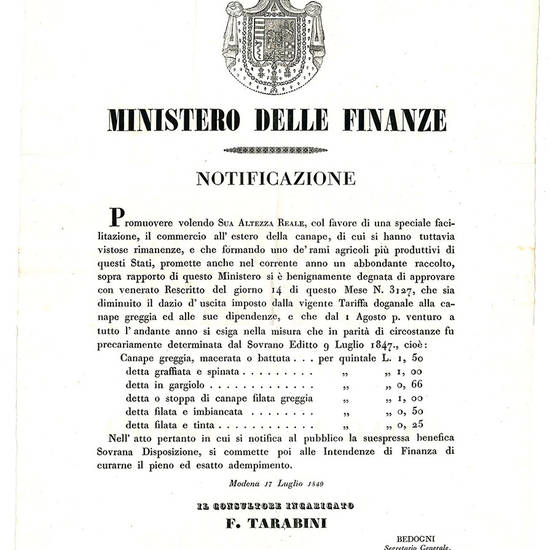 Notificazione del 17 Luglio 1849, con la quale si intendeva favorire l'esportazione della canape