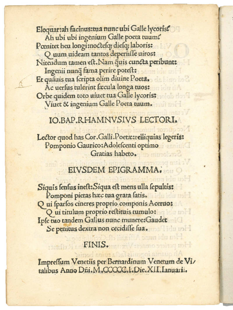 Cornelii Galli Fragmenta. (Colophon: Venice, Bernardino Vitali, 12 January 1501)