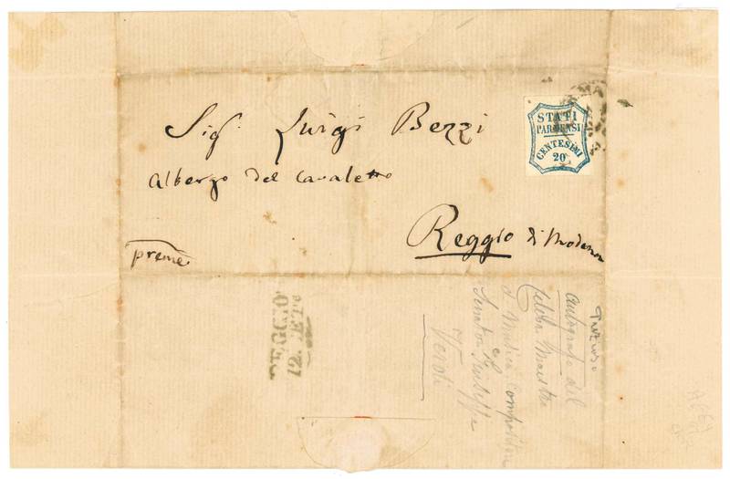 Autograph letter signed and addressed to a certain Luigi Bezzi, Albergo del Canaletto, Reggio di Modena. Parma, 11 September 1859