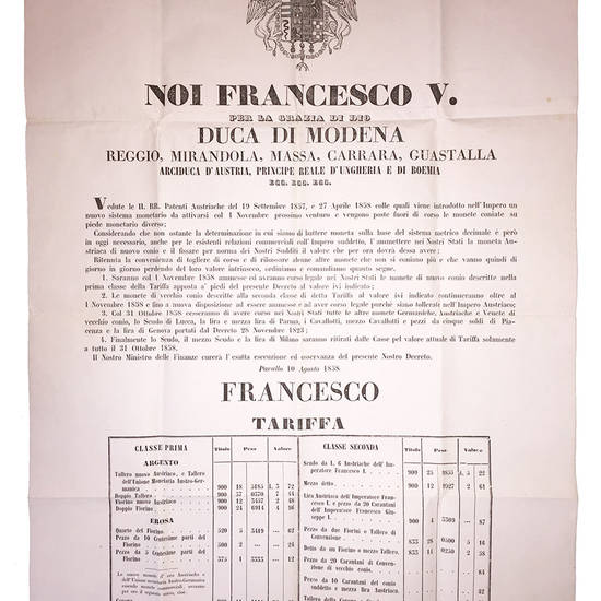 Decreto del 10 Agosto 1858, con il quale si procedeva alla riorganizzazione del sistema monetario.