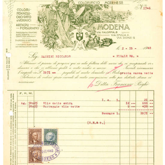 Fattura di vendita di olio cotto extra e surrogato di olio cotto al sig. Riccardi Nannini di Finale Emilia. Modena, 2 ottobre 1940