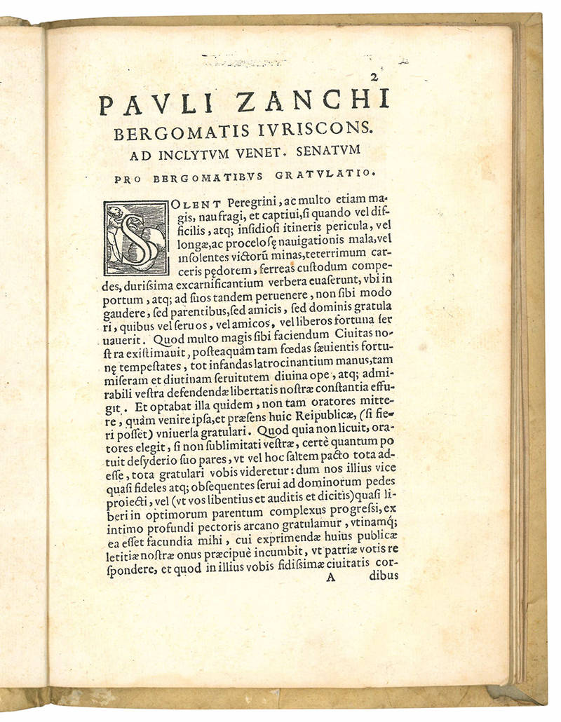 Pauli Zanchi Bergomatis iurisconsulti, Ad illustrissimum Venetiarum Senatum pro Bergomatibus congratulatio. Iovitae Rapicii Brixiani oratio, in funere eiusdem Pauli Zanchi habita